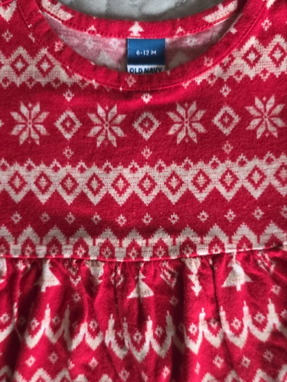 Old Navy Red and Cream Fair Isle Knit Dress with Tree Motif